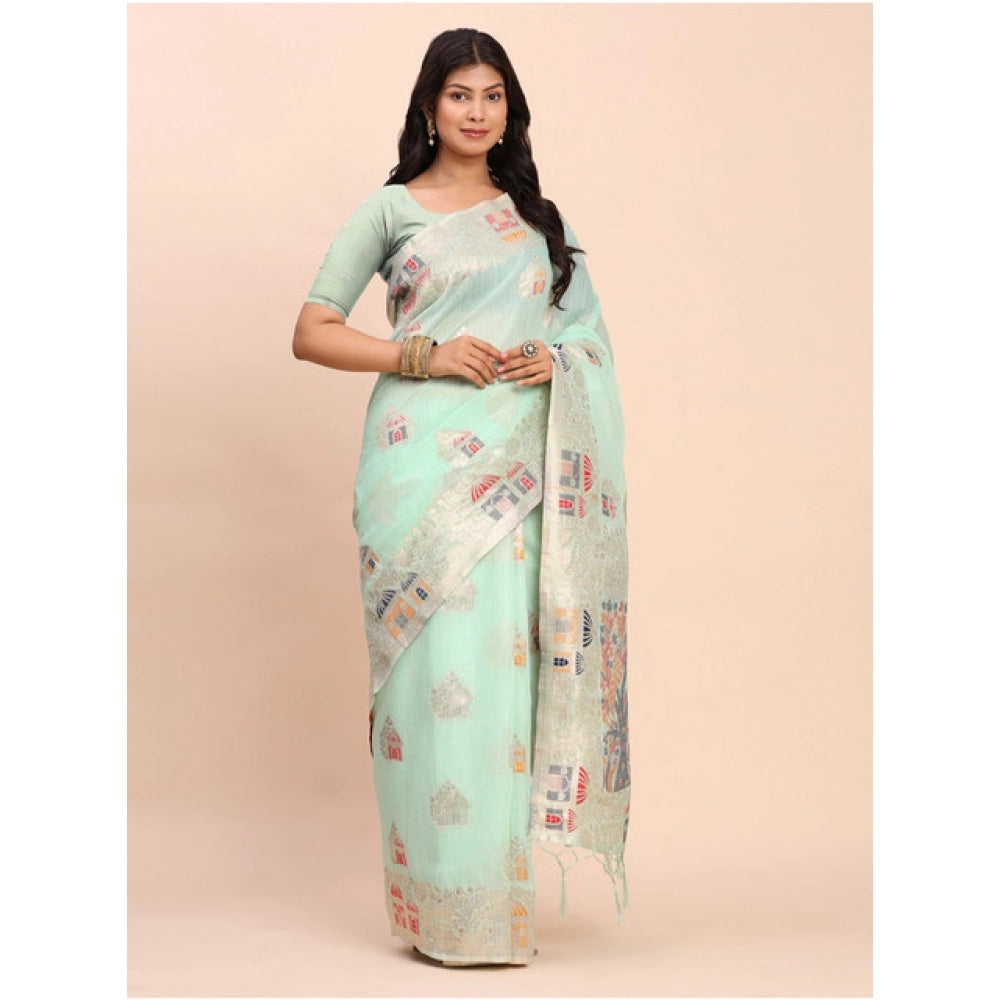 Women's Linen Cotton Printed Saree With Unstitched Blouse 5.5 Mtr (Sea Green)