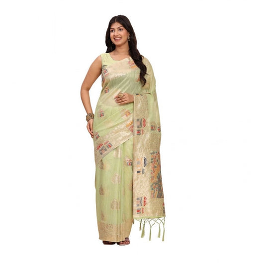 Women's Linen Cotton Printed Saree With Unstitched Blouse 5.5m (Light Green)