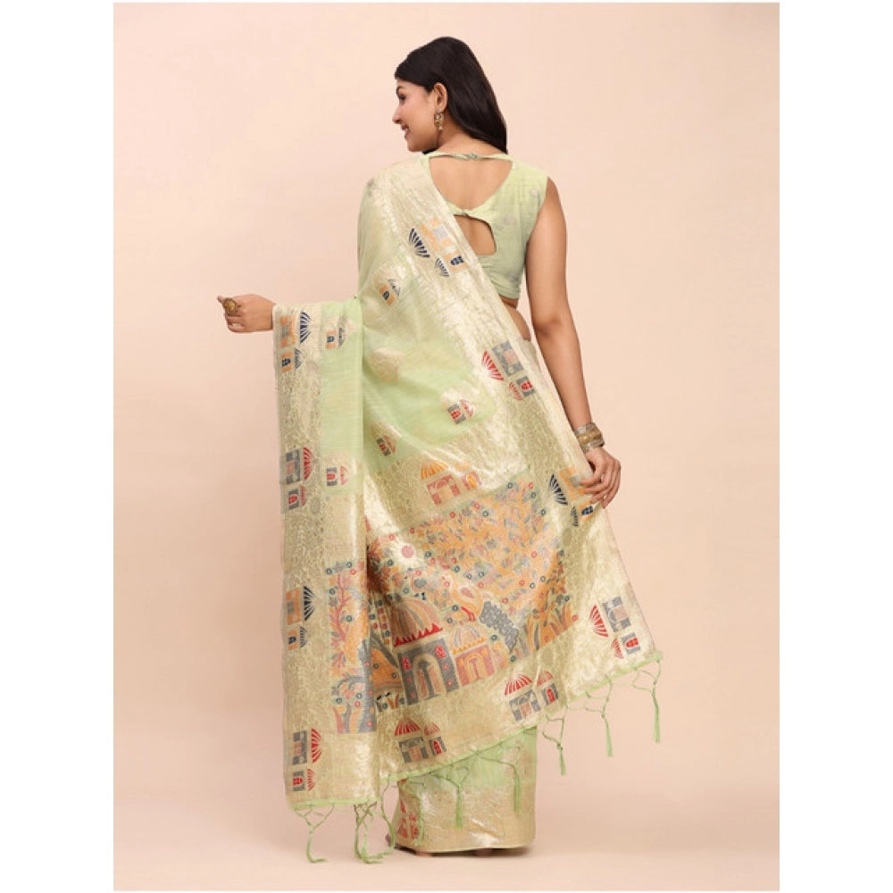 Women's Linen Cotton Printed Saree With Unstitched Blouse 5.5 Mtr (Light Green)