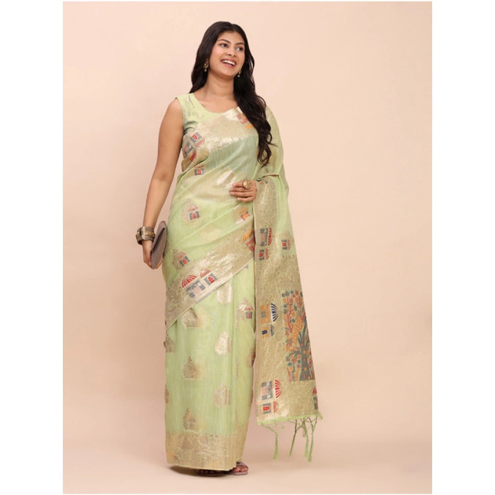 Women's Linen Cotton Printed Saree With Unstitched Blouse 5.5 Mtr (Light Green)
