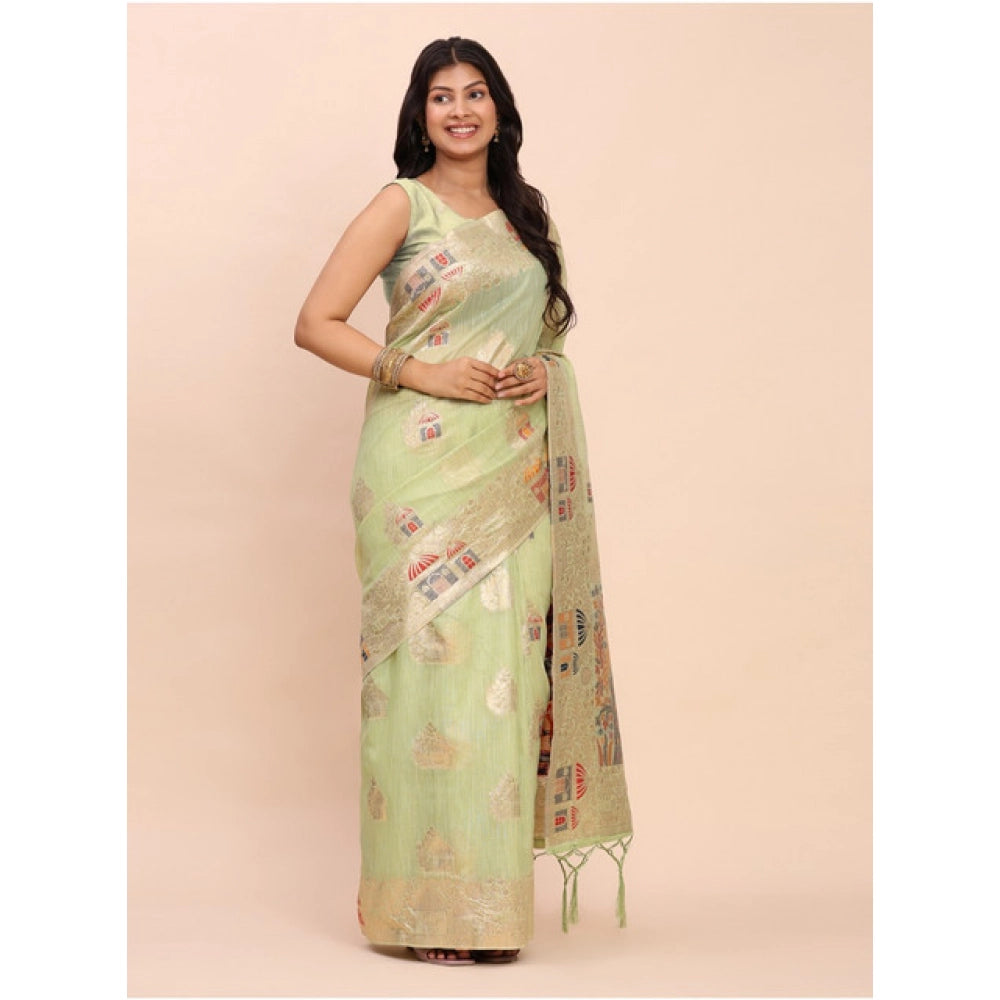 Women's Linen Cotton Printed Saree With Unstitched Blouse 5.5 Mtr (Light Green)