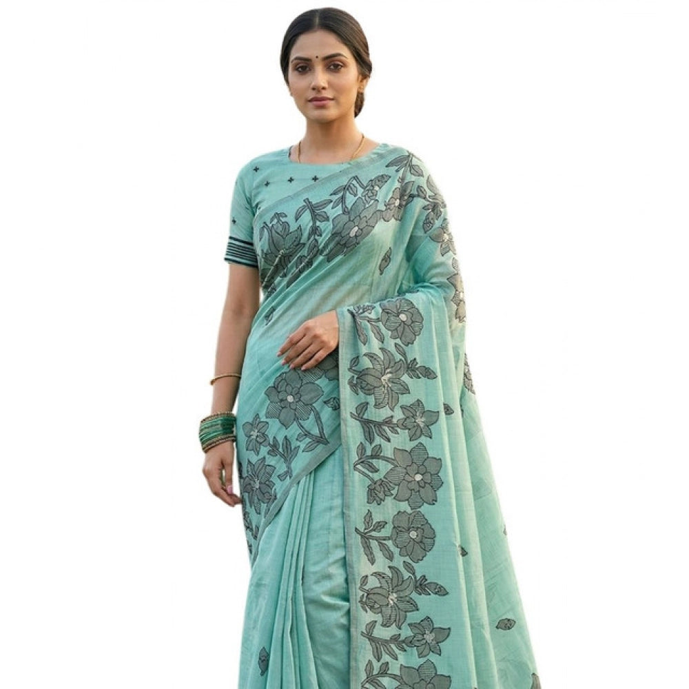 Women's Linen Cotton Printed Saree With Unstitched Blouse 5.5 Mtr (Sea Green)