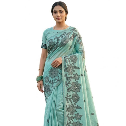 Women's Linen Cotton Printed Saree With Unstitched Blouse 5.5m (Sea Green)