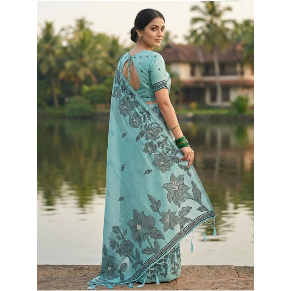 Women's Linen Cotton Printed Saree With Unstitched Blouse 5.5 Mtr (Sea Green)