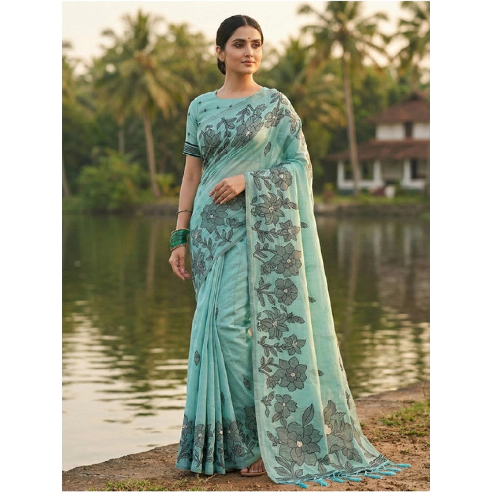 Women's Linen Cotton Printed Saree With Unstitched Blouse 5.5 Mtr (Sea Green)