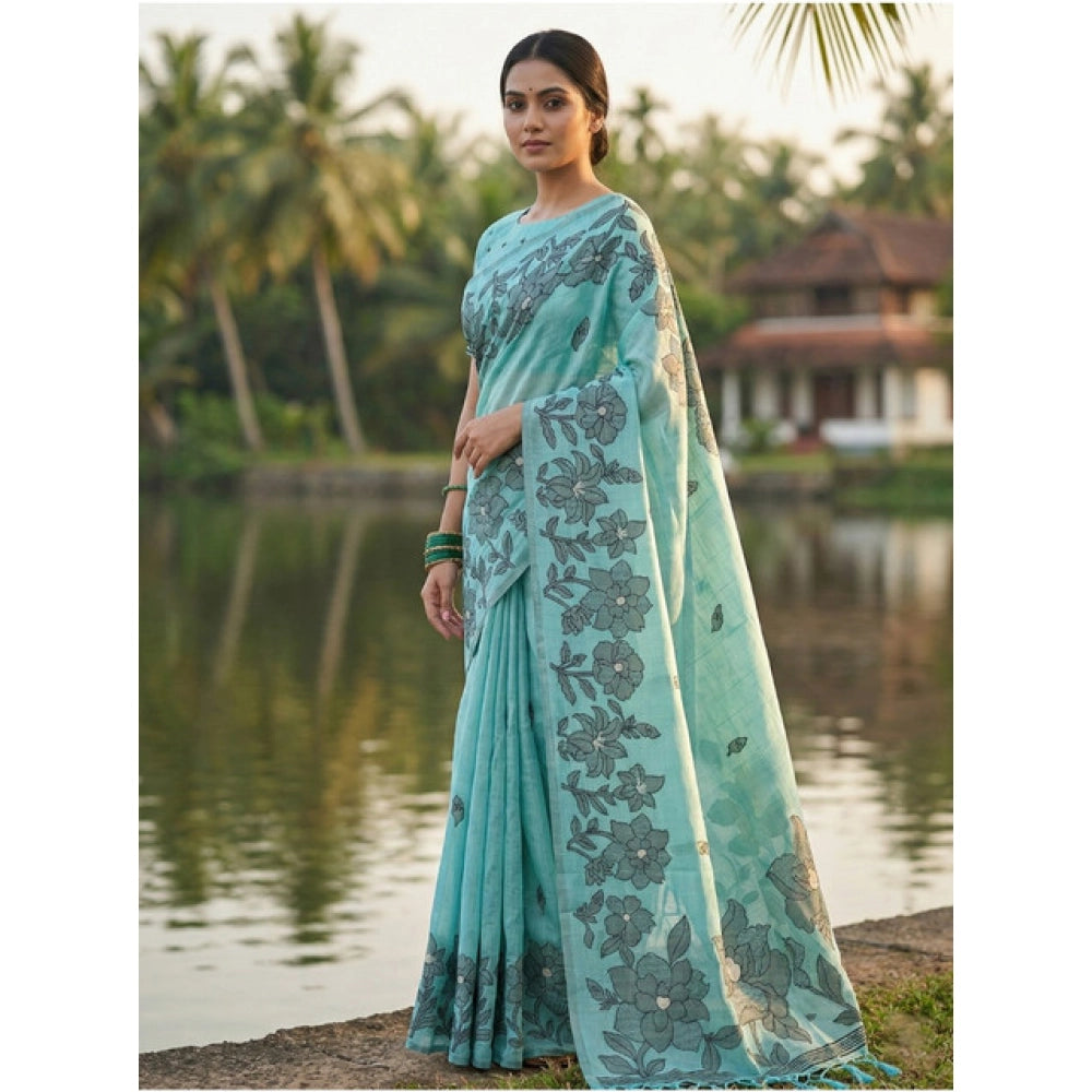 Women's Linen Cotton Printed Saree With Unstitched Blouse 5.5 Mtr (Sea Green)