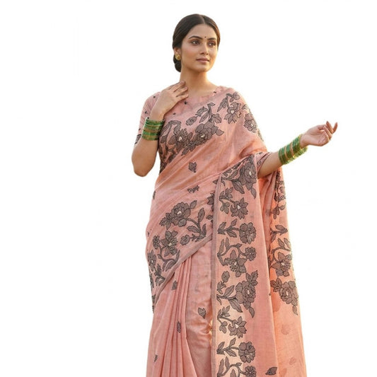 Women's Linen Cotton Printed Saree With Unstitched Blouse 5.5m (Peach)
