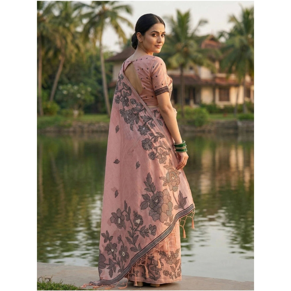 Women's Linen Cotton Printed Saree With Unstitched Blouse 5.5 Mtr (Peach)