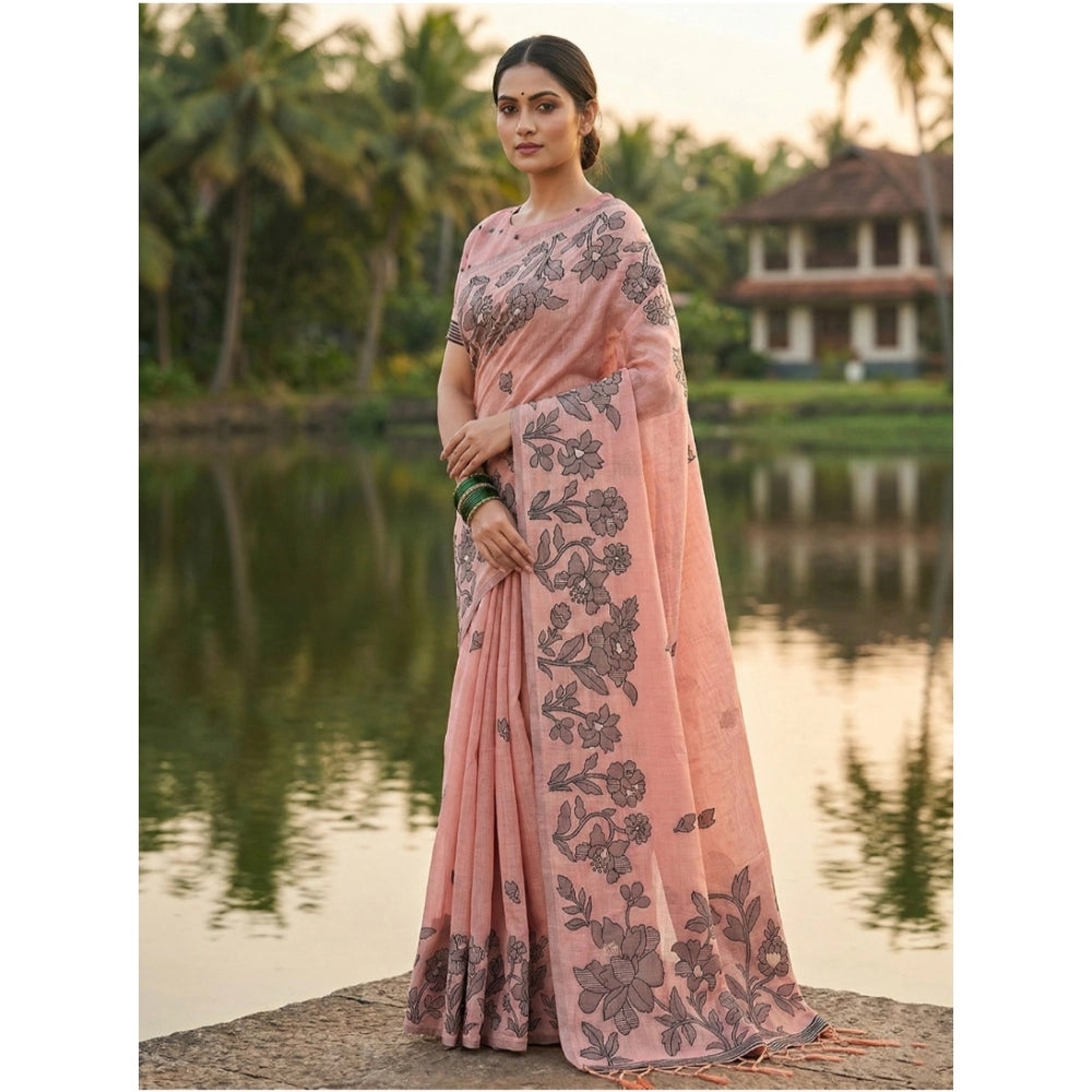 Women's Linen Cotton Printed Saree With Unstitched Blouse 5.5 Mtr (Peach)