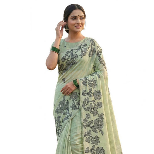 Women's Linen Cotton Printed Saree With Unstitched Blouse 5.5m (Light Green)