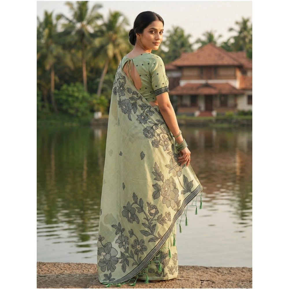 Women's Linen Cotton Printed Saree With Unstitched Blouse 5.5 Mtr (Light Green)