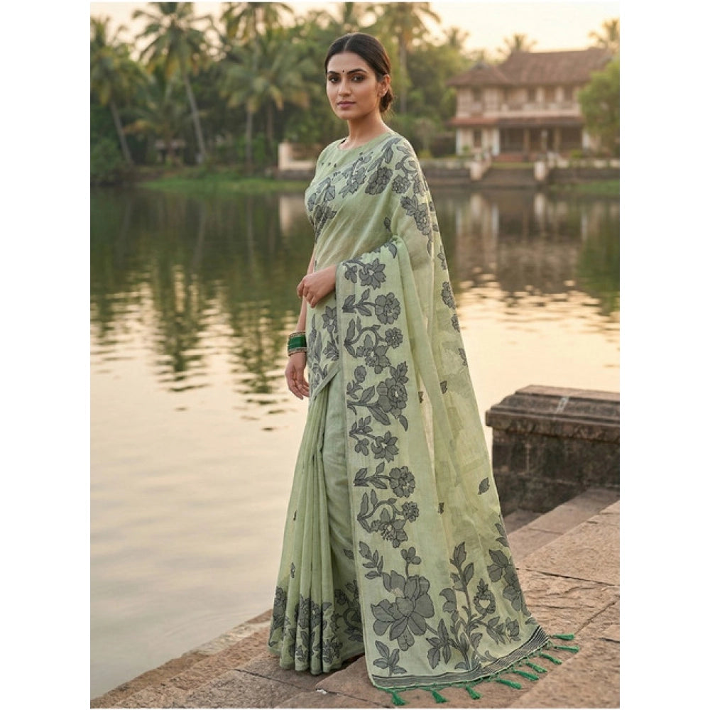 Women's Linen Cotton Printed Saree With Unstitched Blouse 5.5 Mtr (Light Green)