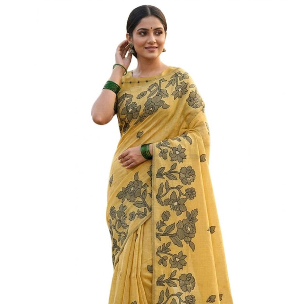 Women's Linen Cotton Printed Saree With Unstitched Blouse 5.5 Mtr (Yellow)