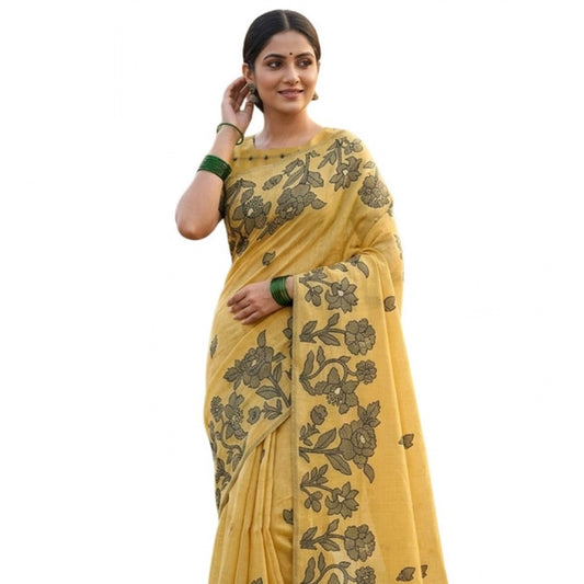 Women's Linen Cotton Printed Saree With Unstitched Blouse 5.5m (Yellow)