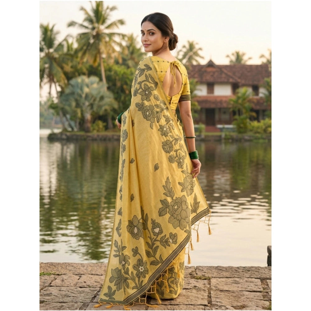 Women's Linen Cotton Printed Saree With Unstitched Blouse 5.5 Mtr (Yellow)