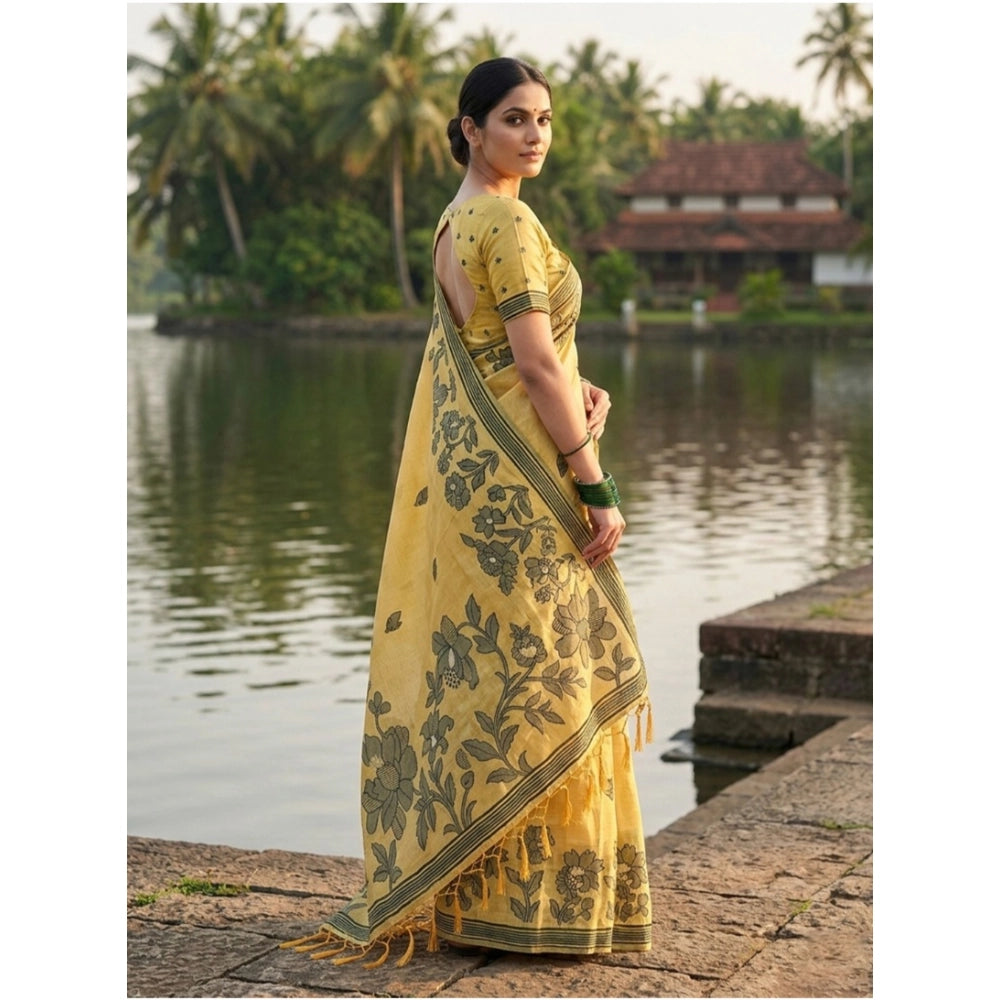Women's Linen Cotton Printed Saree With Unstitched Blouse 5.5 Mtr (Yellow)