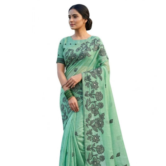 Women's Linen Cotton Printed Saree With Unstitched Blouse 5.5m (Rama Green)