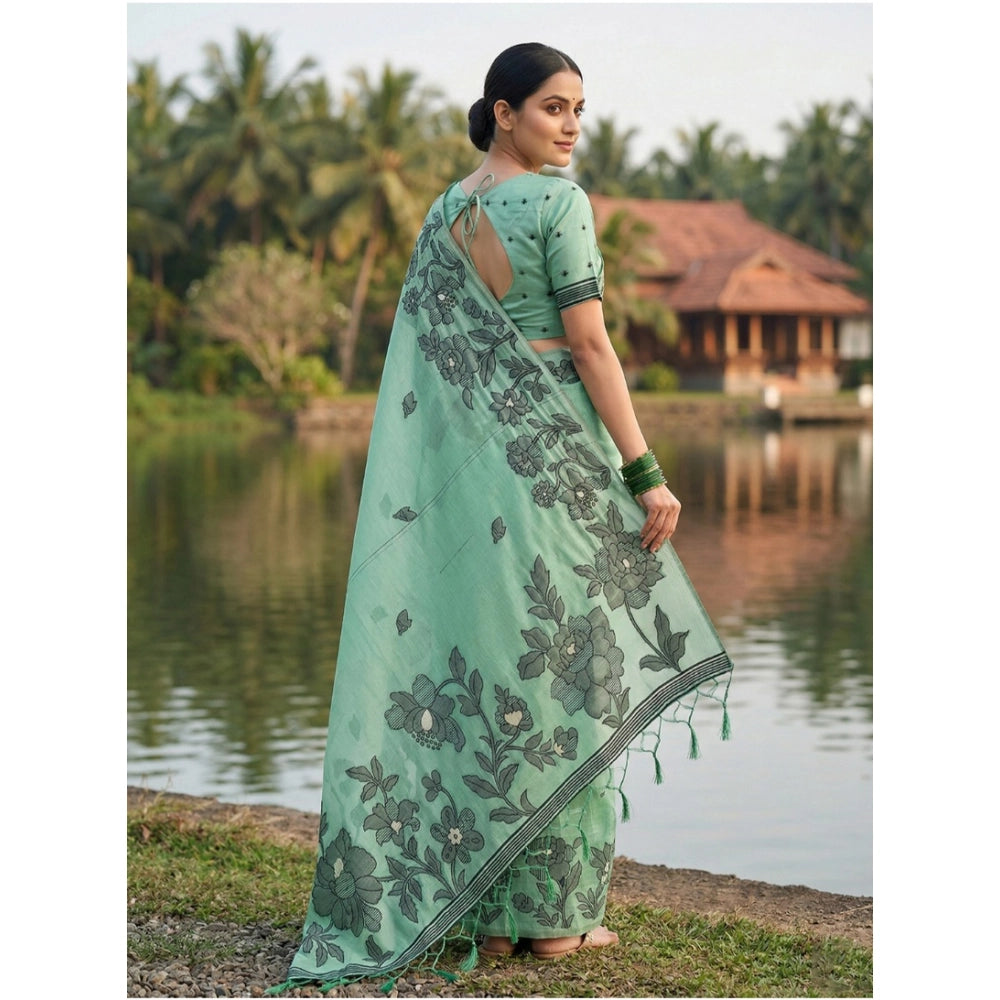 Women's Linen Cotton Printed Saree With Unstitched Blouse 5.5 Mtr (Rama Green)