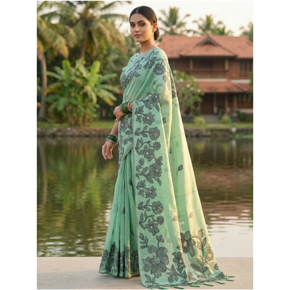 Women's Linen Cotton Printed Saree With Unstitched Blouse 5.5 Mtr (Rama Green)
