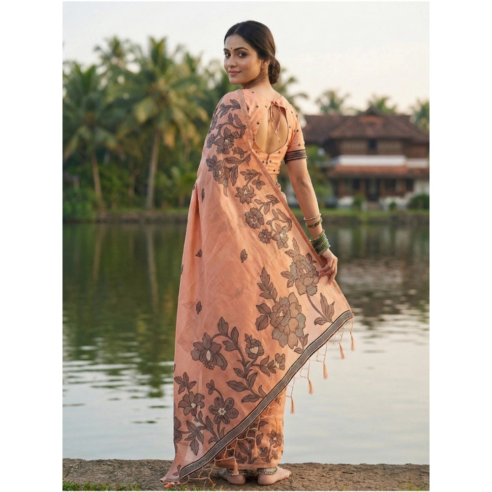 Women's Linen Cotton Printed Saree With Unstitched Blouse 5.5 Mtr (Orange)