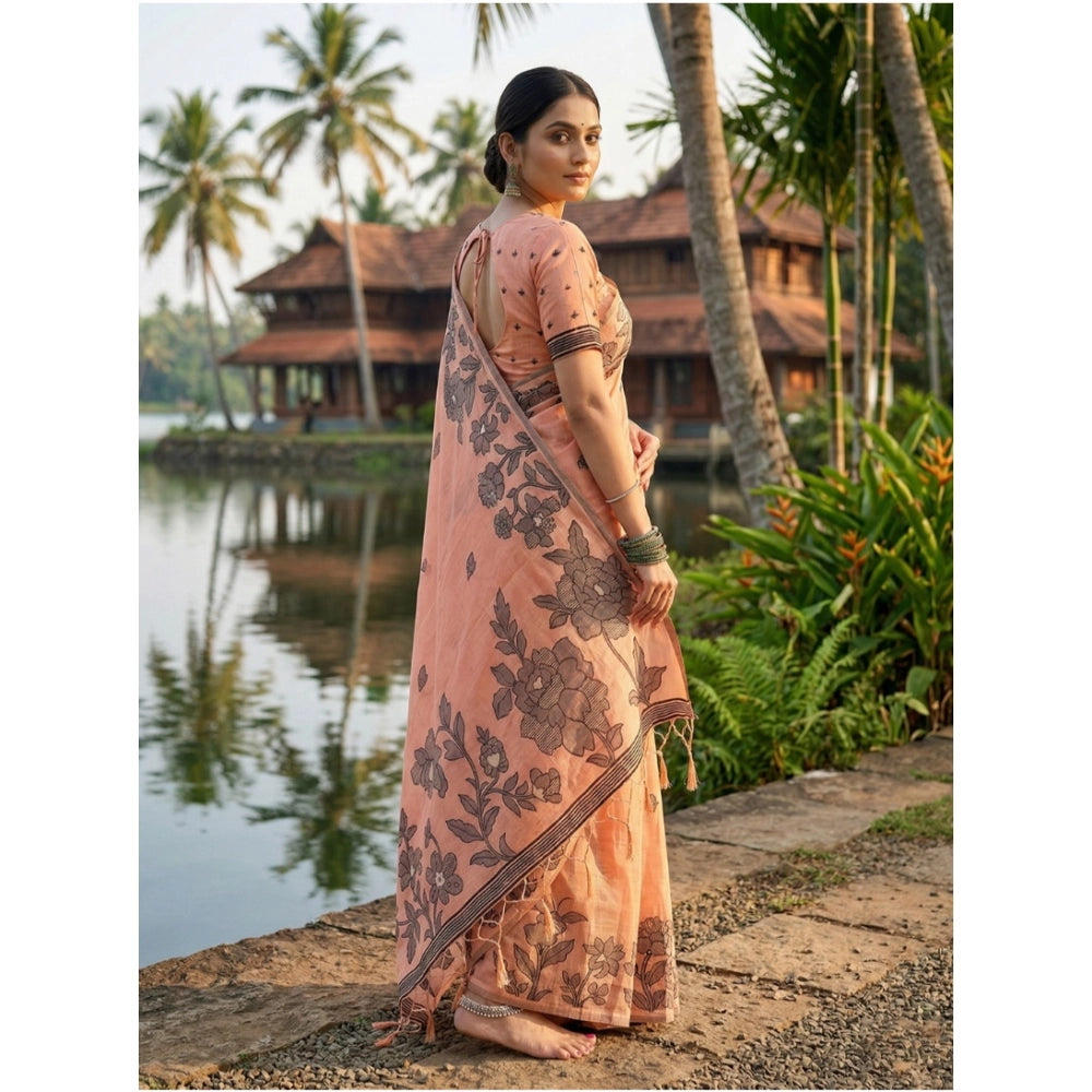 Women's Linen Cotton Printed Saree With Unstitched Blouse 5.5 Mtr (Orange)
