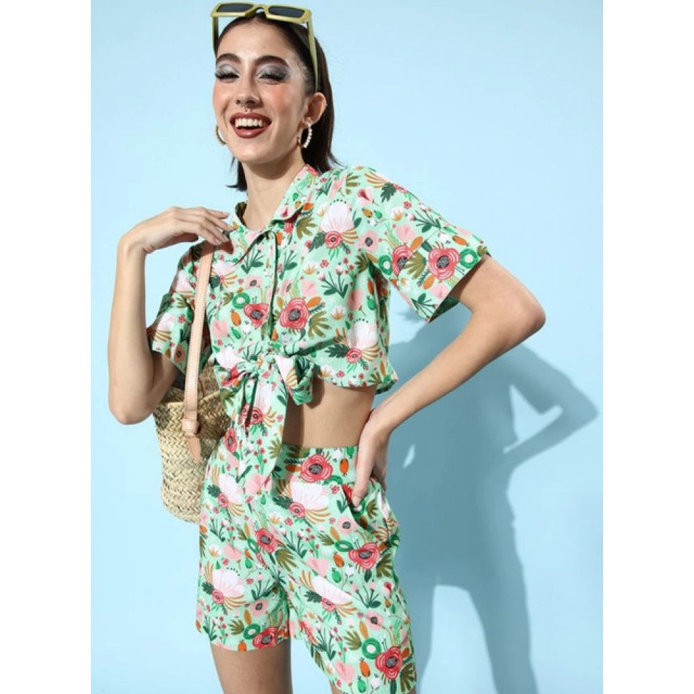 Generic Women's Polyester Floral Short Sleeve Co-Ord Set (Multicolor)