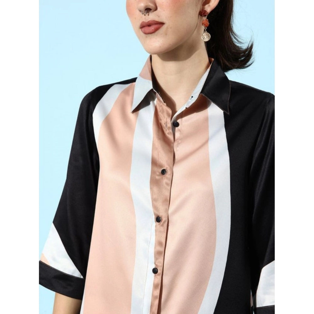 Generic Women's Satin Colour Block Long Sleeves Co-Ord Set (Beige - Black)