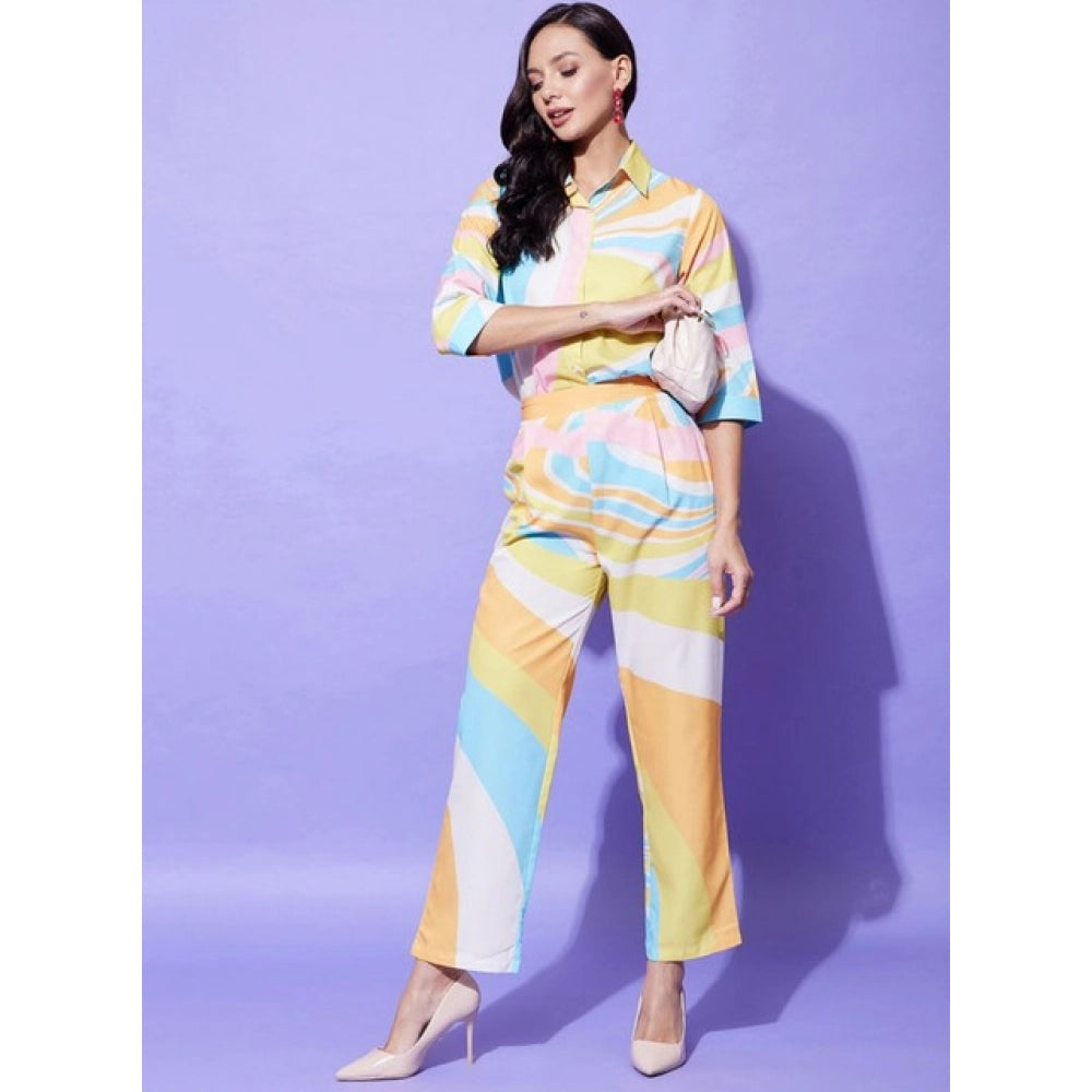 Generic Women's Polyester Colour Blocking 3-4th Sleeve Co-Ord Set (Multicolor)