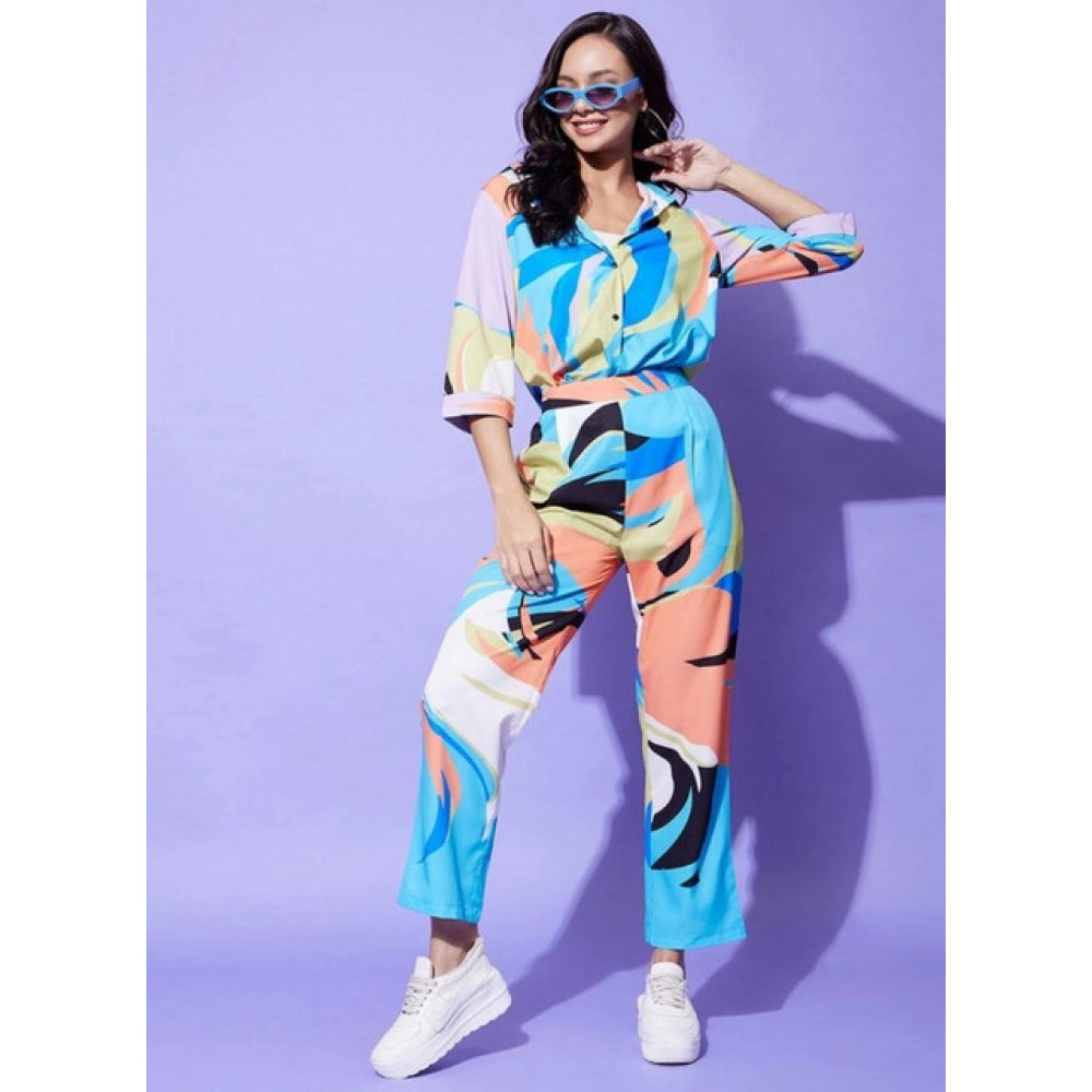 Generic Women's Polyester Colour Blocking 3-4th Sleeve Co-Ord Set (Multicolor)