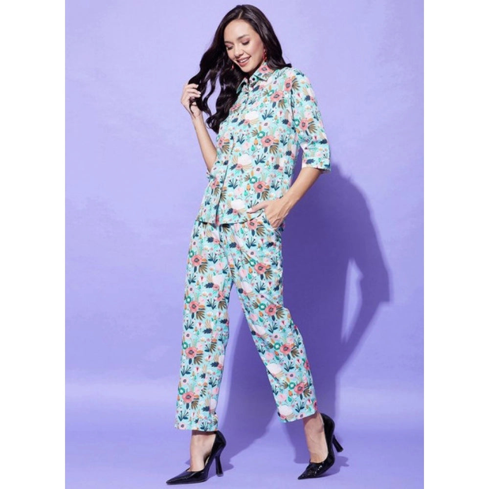 Generic Women's Polyester Floral 3-4th Sleeve Co-Ord Set (Multicolor)