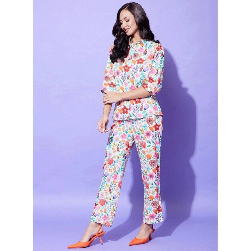 Generic Women's Polyester Floral 3-4th Sleeve Co-Ord Set (Multicolor)