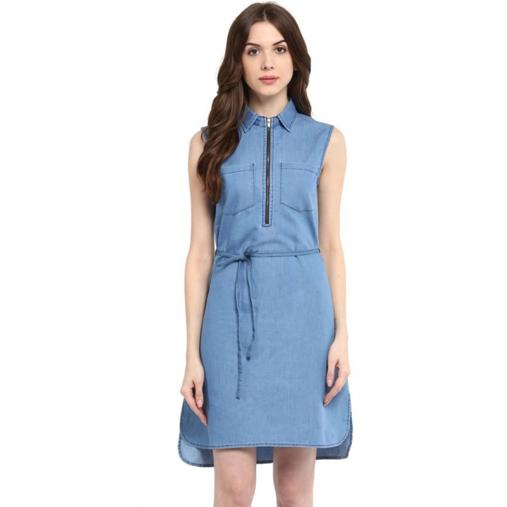 Generic Women's Denim Solid Sleeveless Dress (Blue)
