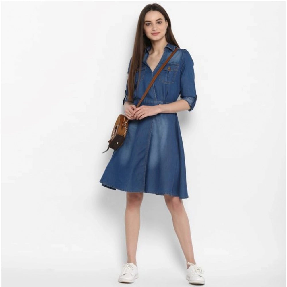 Generic Women's Denim Solid Roll Up Sleeve Dress (Blue)
