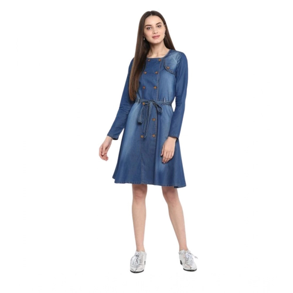 Generic Women's Denim Washed Regular Sleeves Dress (Blue)