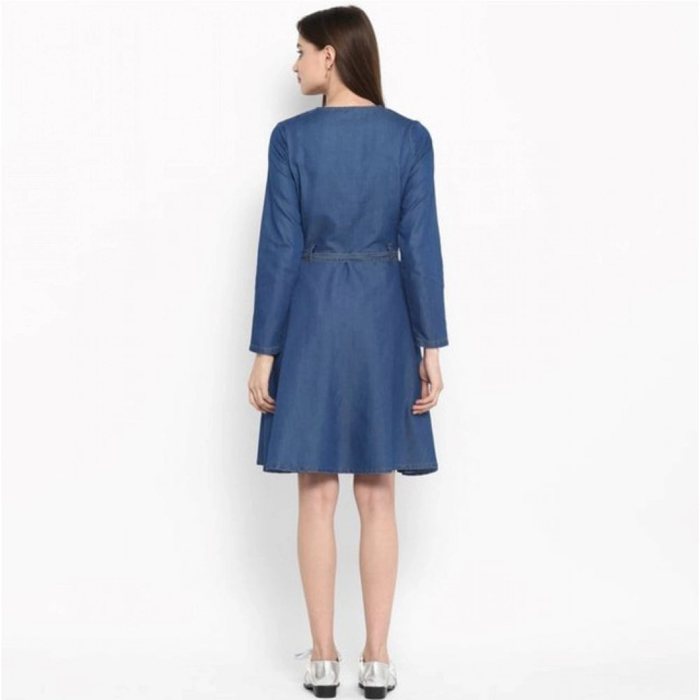 Generic Women's Denim Washed Regular Sleeves Dress (Blue)