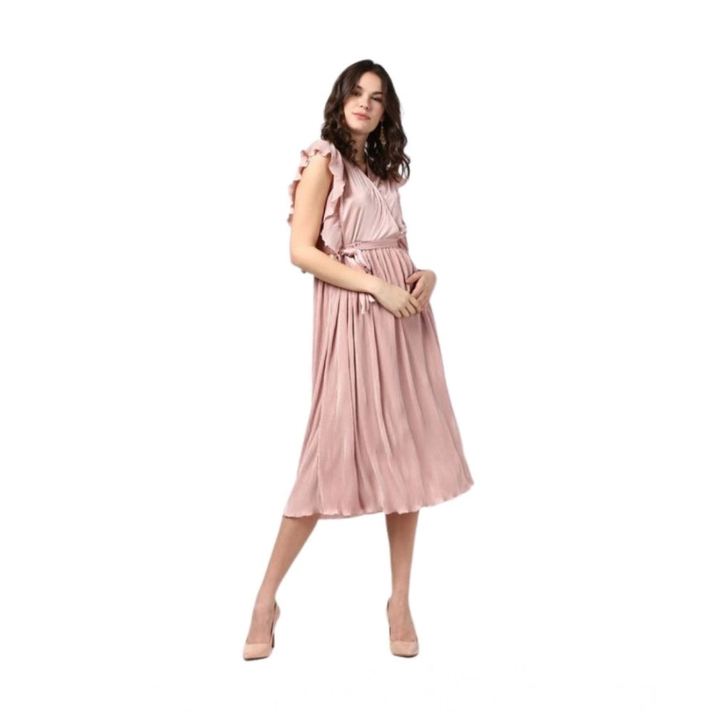 Generic Women's Polyester Pleated Flutter Dress (Champagne Gold)