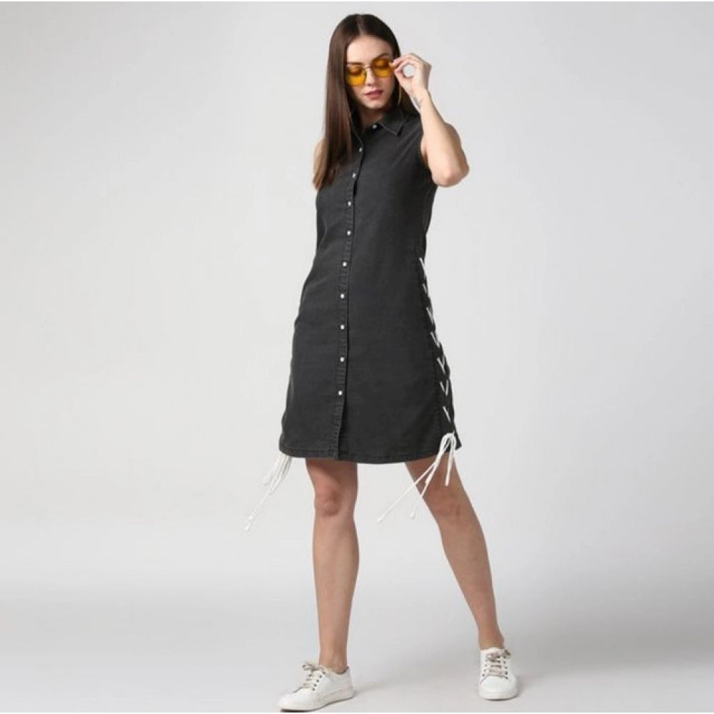 Generic Women's Denim Solid Sleeveless Dress (Black)