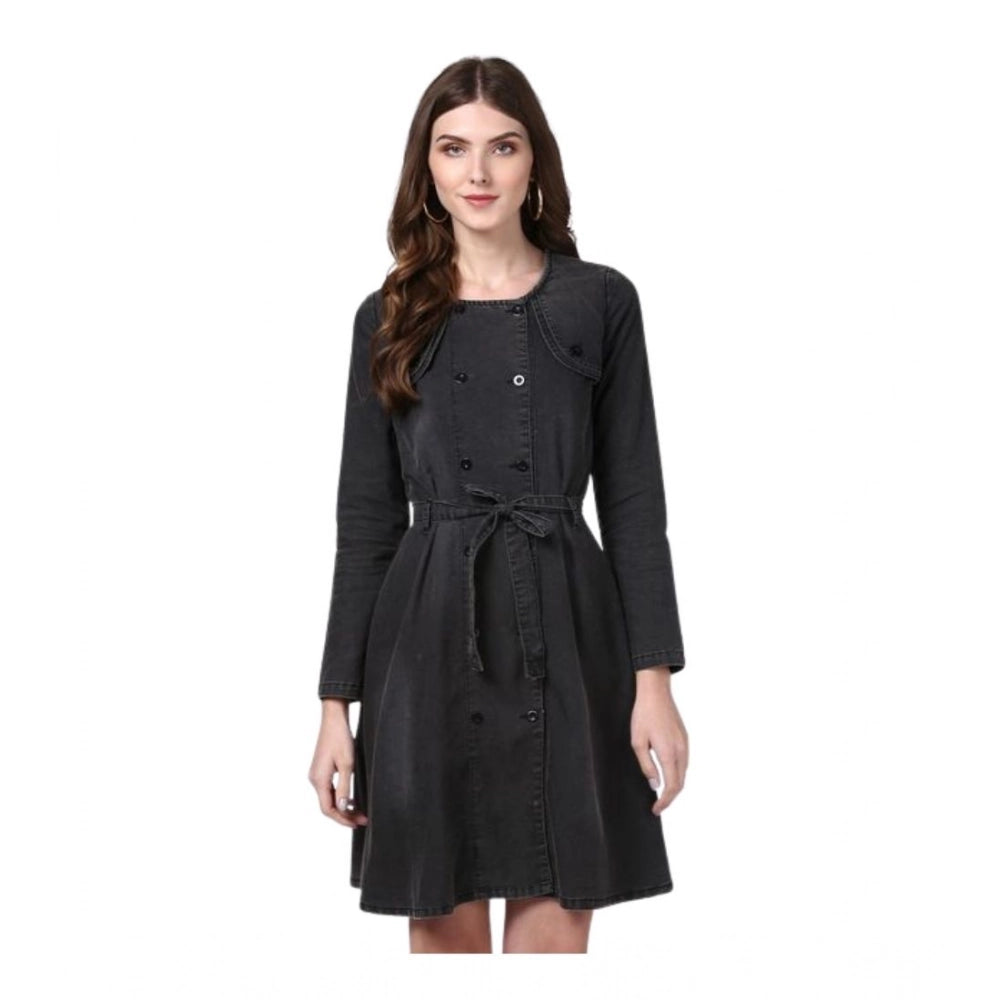 Generic Women's Denim Washed Long Sleeves Dress (Black) - Women's Dress | POPNOVA