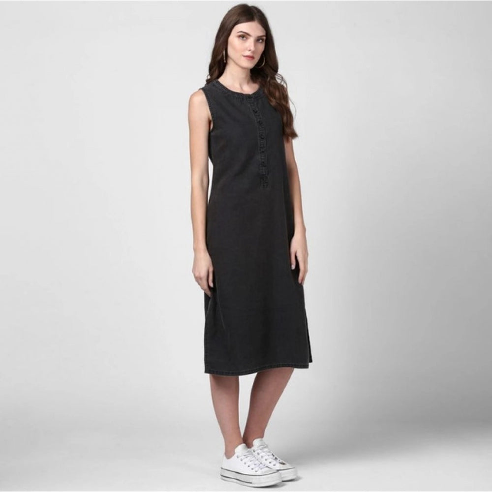 Generic Women's Denim Solid Sleeveless Dress (Black)
