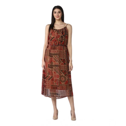 Generic Women's Polyester Printed Shoulder Straps Dress (Maroon - Brown) - Women's Dress | POPNOVA