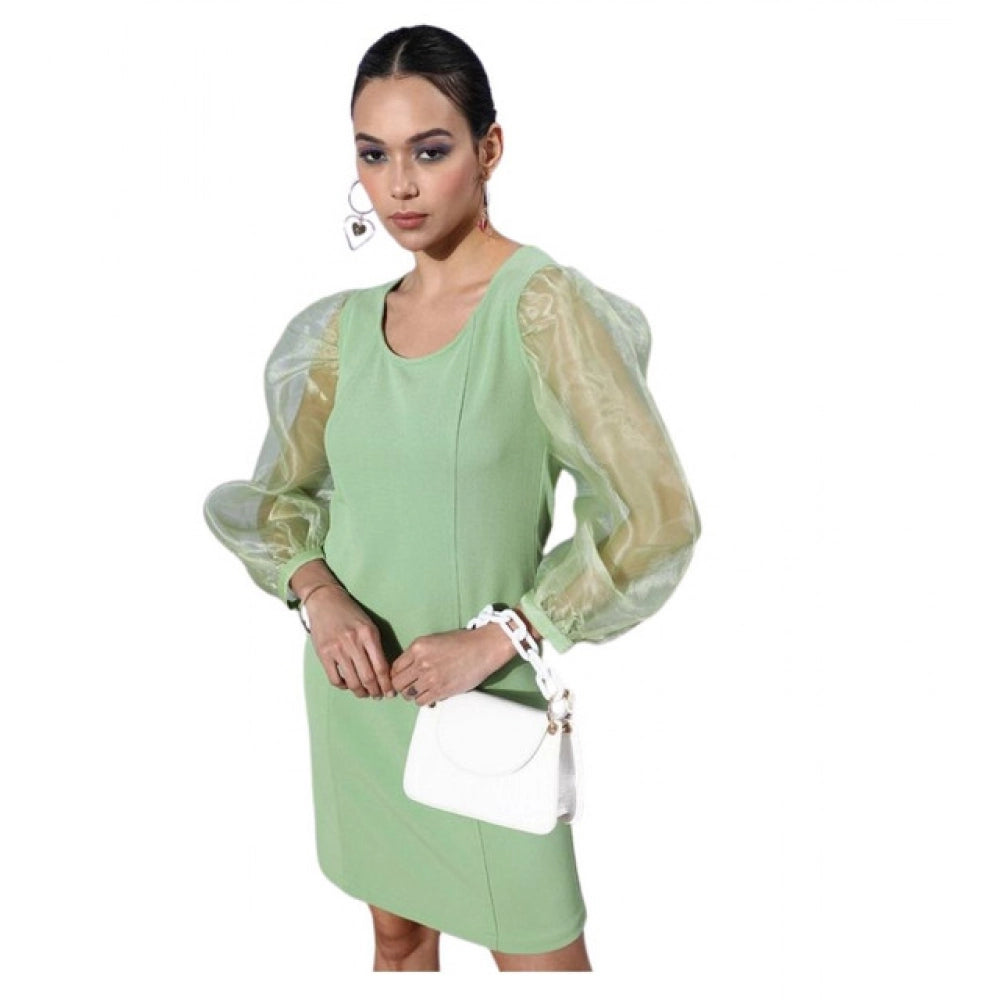 Generic Women's Organza And Polyester Lycra Solid Long Sleeves Dress (Green)