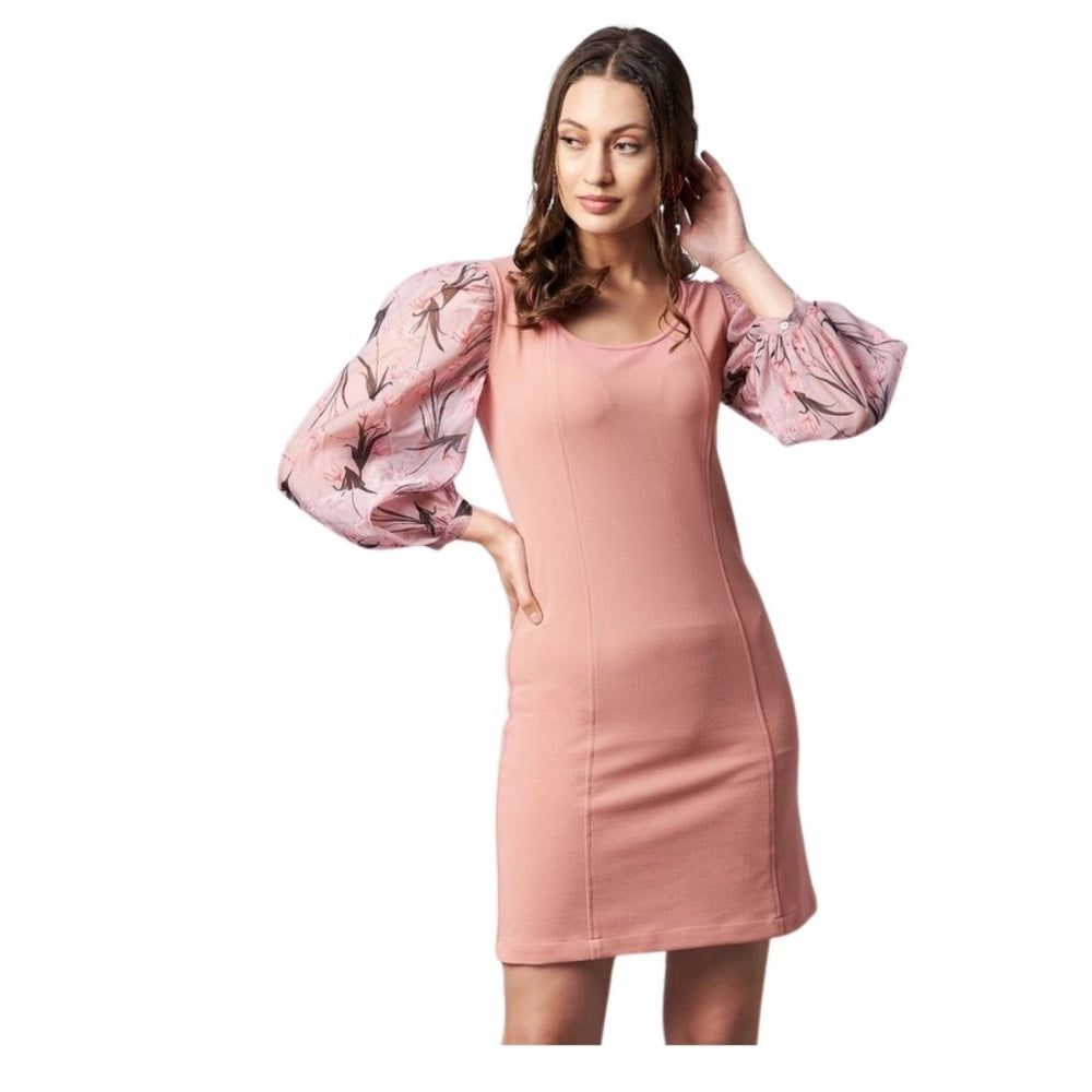 Generic Women's Polyester Lycra And Organza Floral Balloon Sleeve Dress (Pink) - Women's Dress | POPNOVA