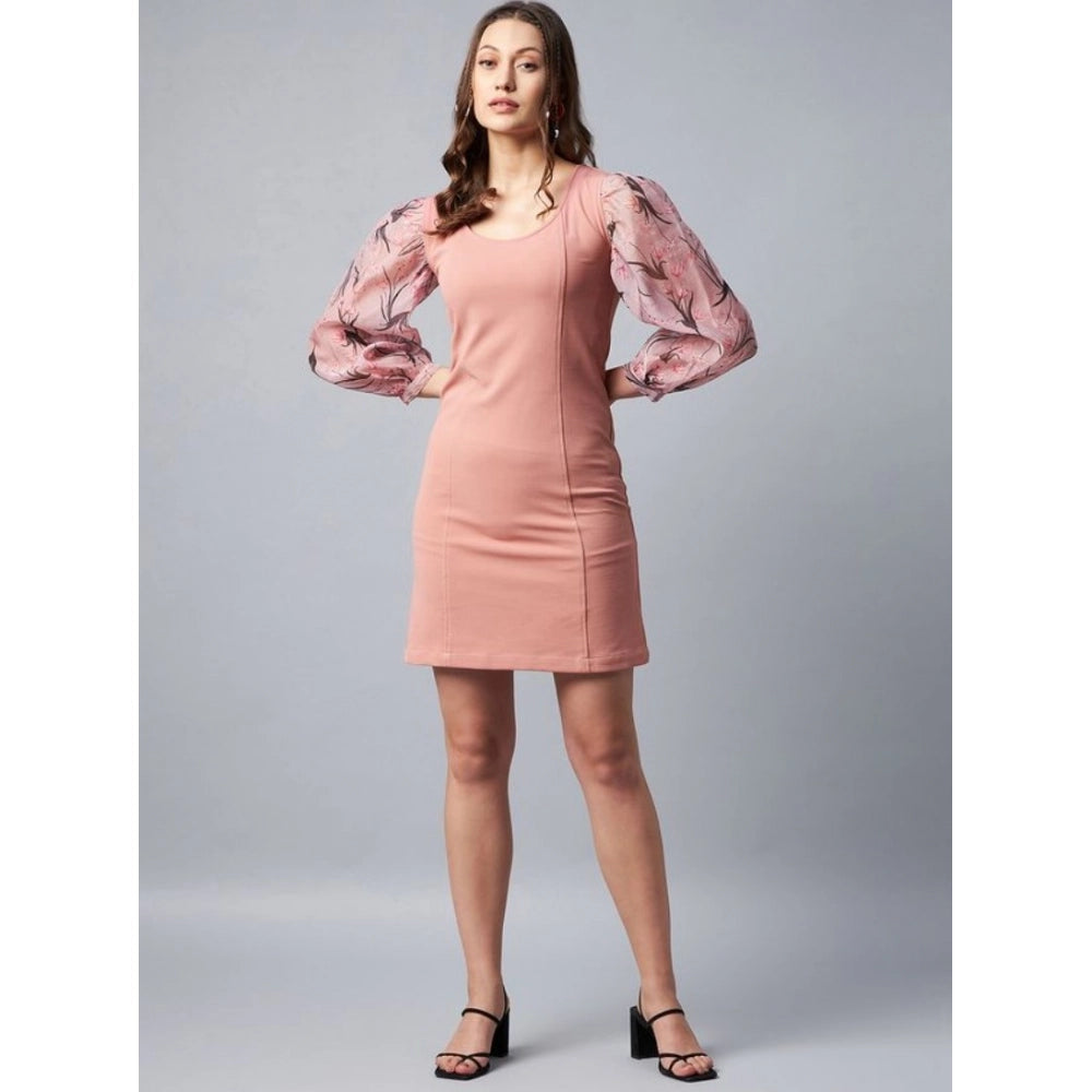 Generic Women's Polyester Lycra And Organza Floral Balloon Sleeve Dress (Pink)