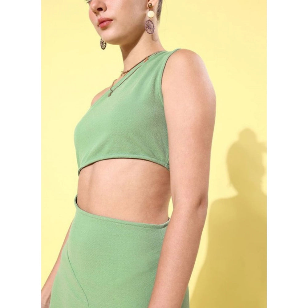 Generic Women's Polyester Lycra Solid Sleeveless Dress (Green)