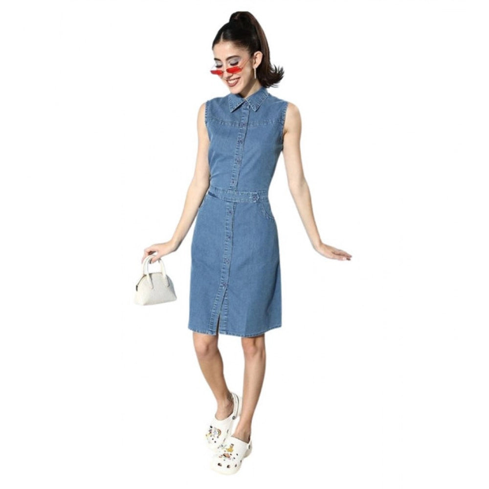 Generic Women's Denim Solid Sleeveless Dress (Blue)