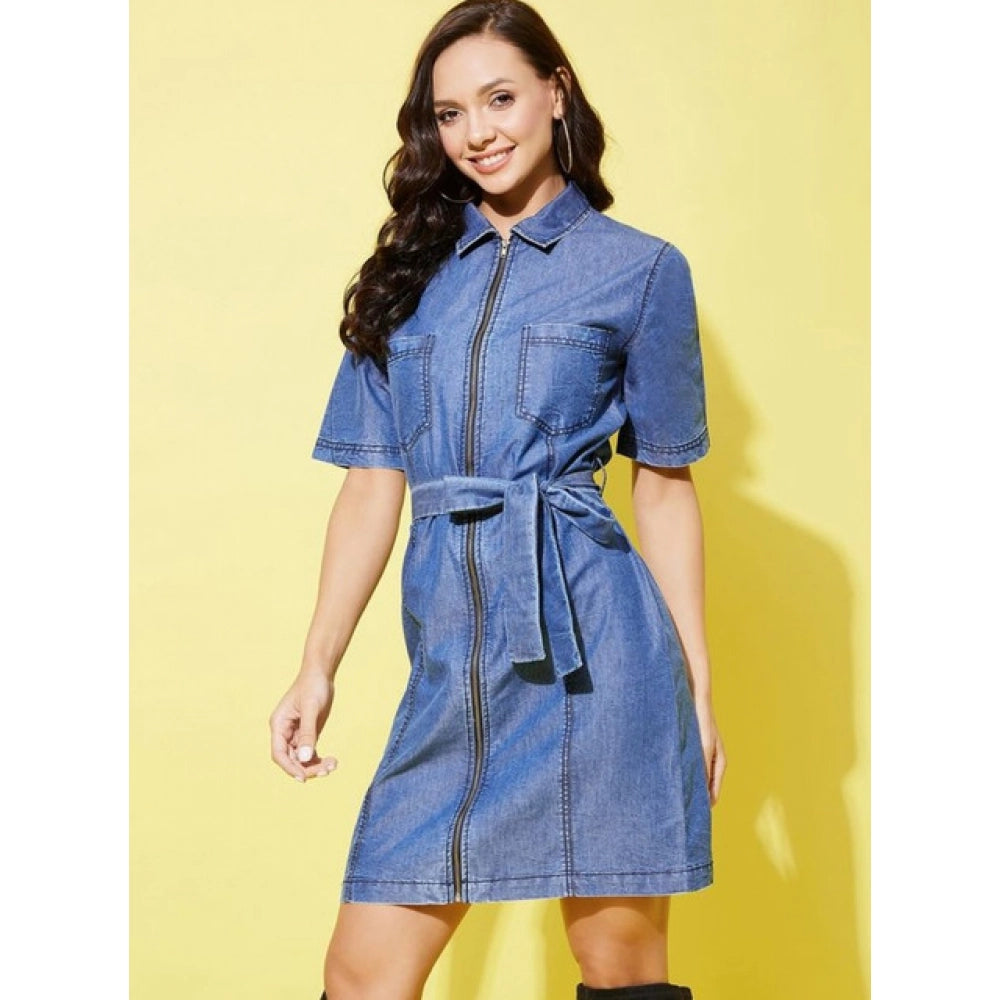 Generic Women's Denim Solid Half Sleeve Dress (Blue)