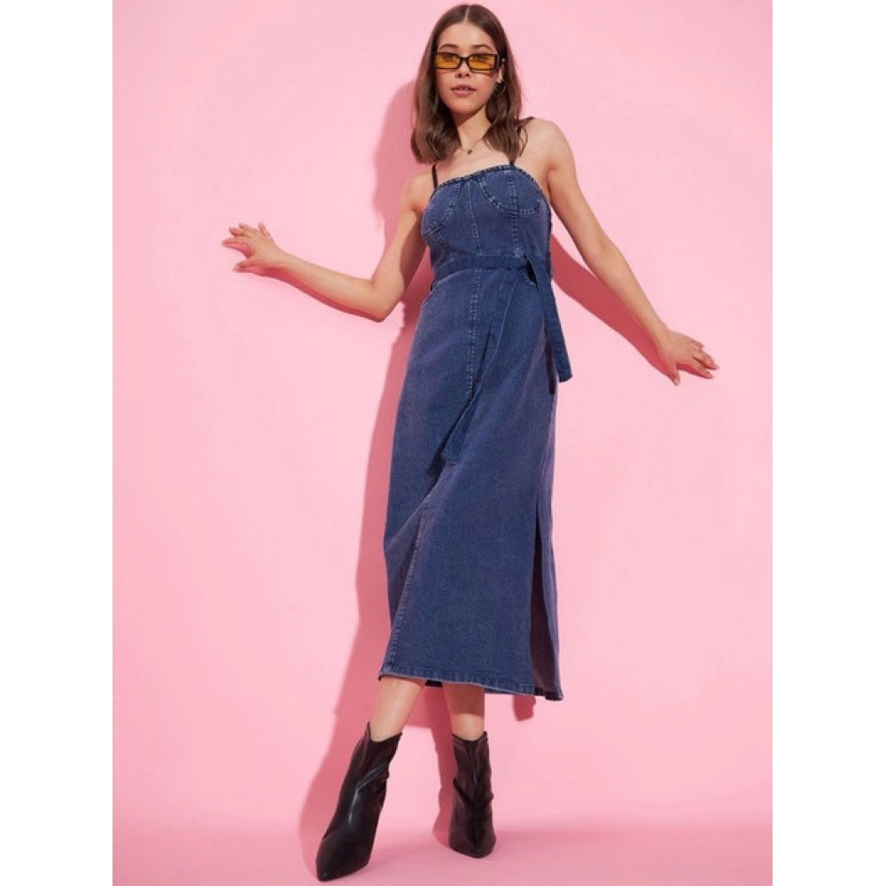 Generic Women's Denim Solid Shoulder Straps Dress (Blue)