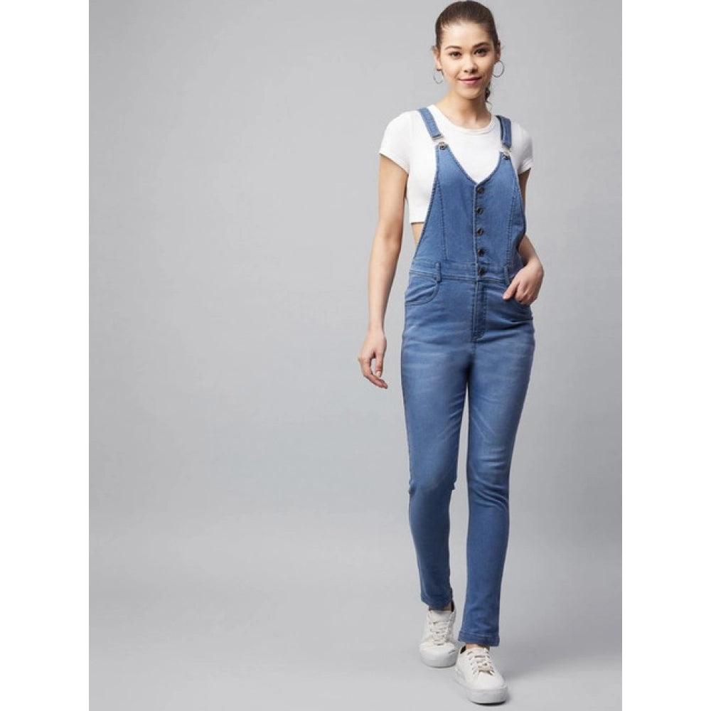 Generic Women's Denim Lycra Solid Buttoned Dungaree (Ice Blue)