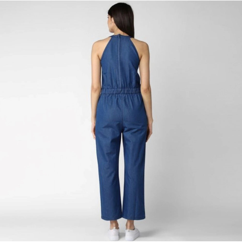 Generic Women's Denim Solid Sleeveless Jumpsuit (Blue)
