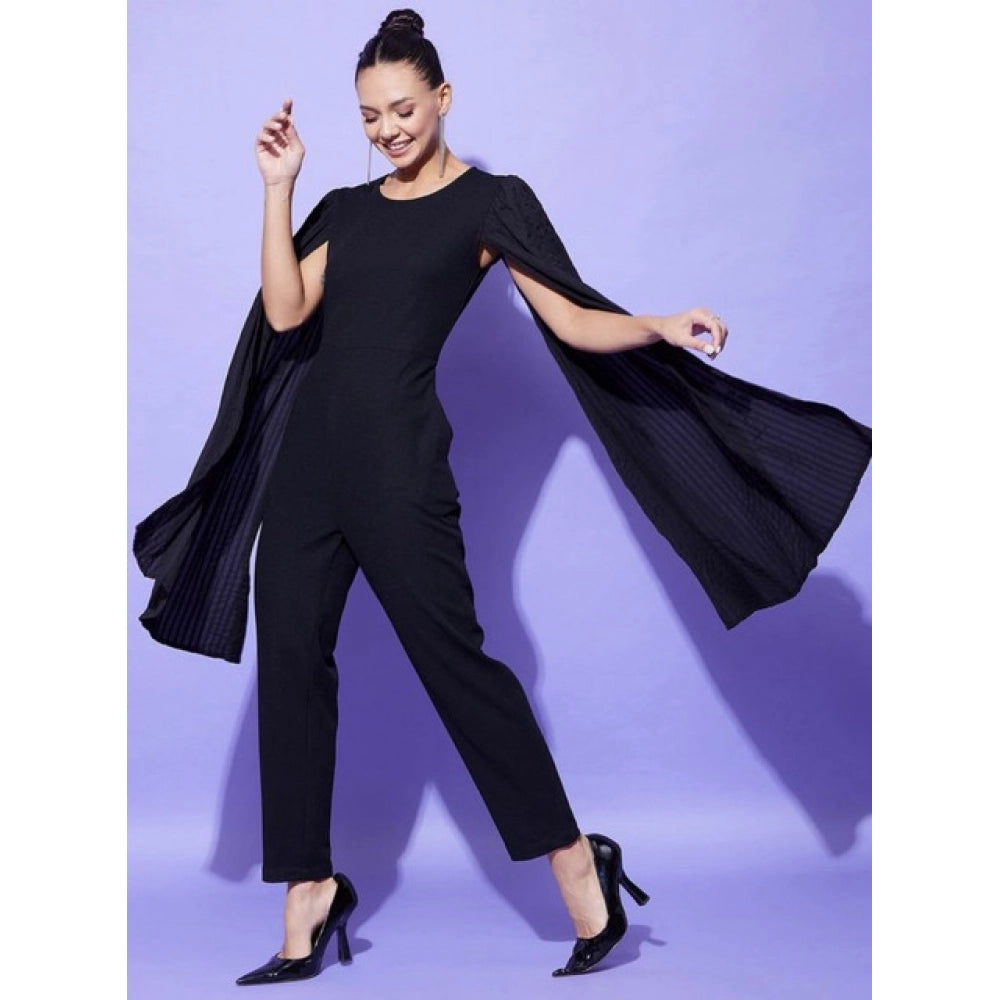 Generic Women's Polyeter Solid Cape Sleeve Jumpsuit (Black)